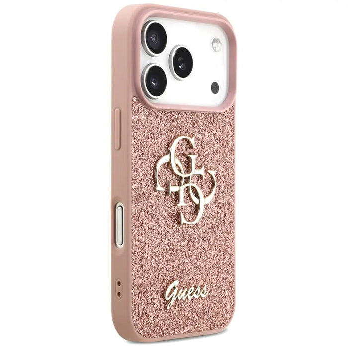 Голям 4G калъф Guess Fixed Glitter за iPhone 17 Pro - розов