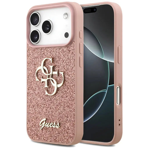 Голям 4G калъф Guess Fixed Glitter за iPhone 17 Pro - розов
