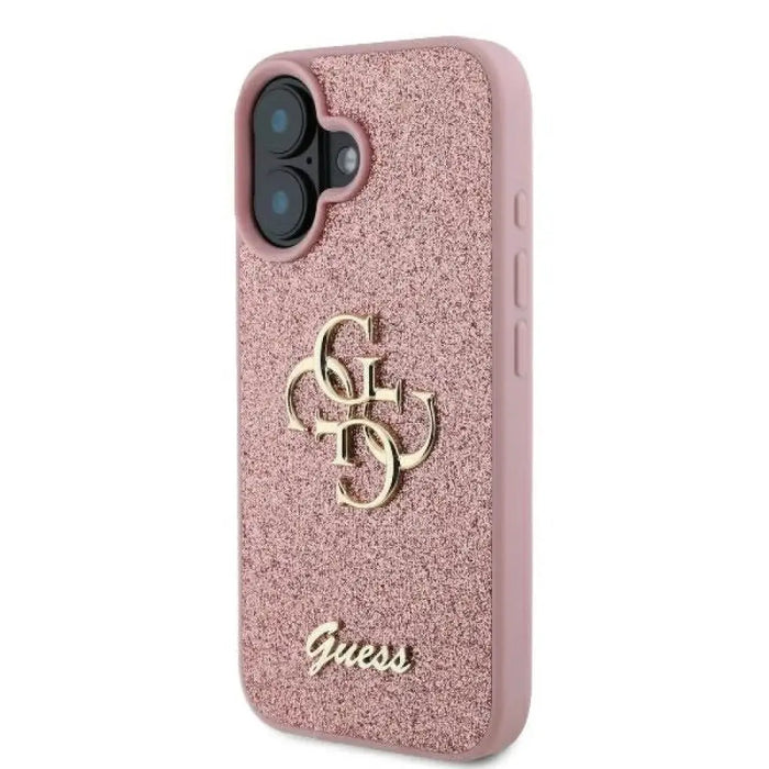 Голям калъф Guess Fixed Glitter 4G за iPhone 16 - розов