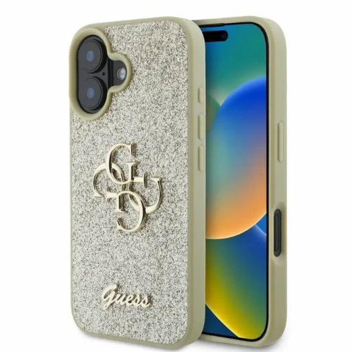 Голям калъф Guess Fixed Glitter 4G за iPhone 16 - златен