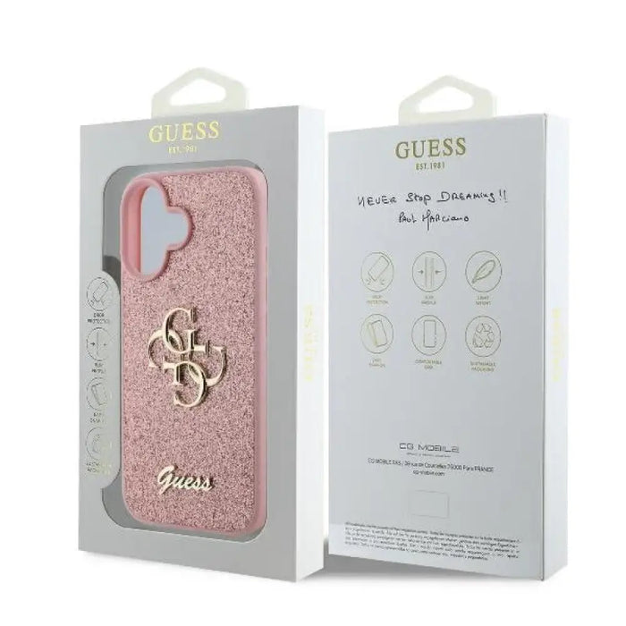 Голям калъф Guess Fixed Glitter 4G за iPhone 16 - розов