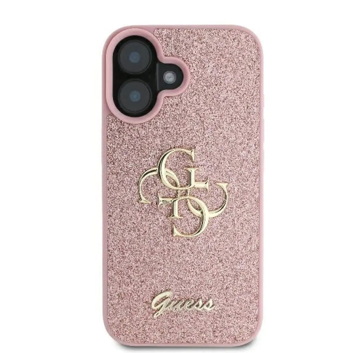 Голям калъф Guess Fixed Glitter 4G за iPhone 16 - розов