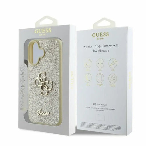 Голям калъф Guess Fixed Glitter 4G за iPhone 16 - златен