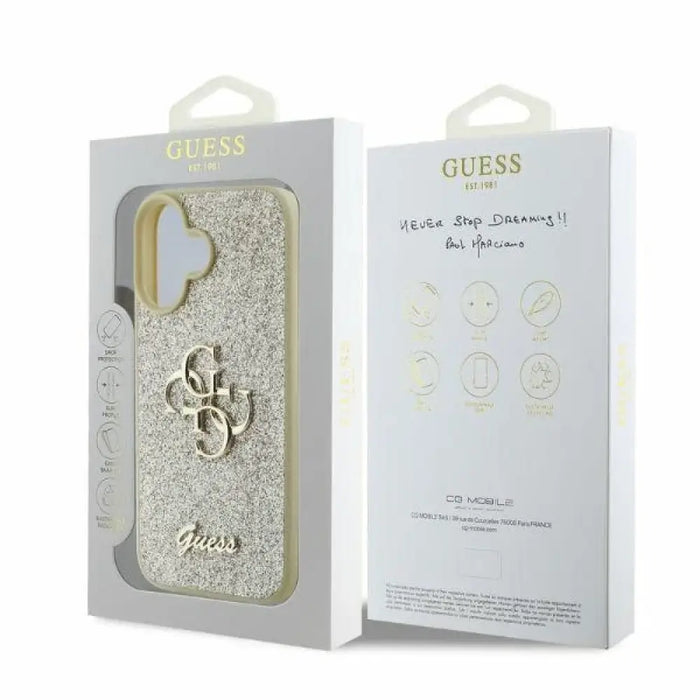 Голям калъф Guess Fixed Glitter 4G за iPhone 16 - златен