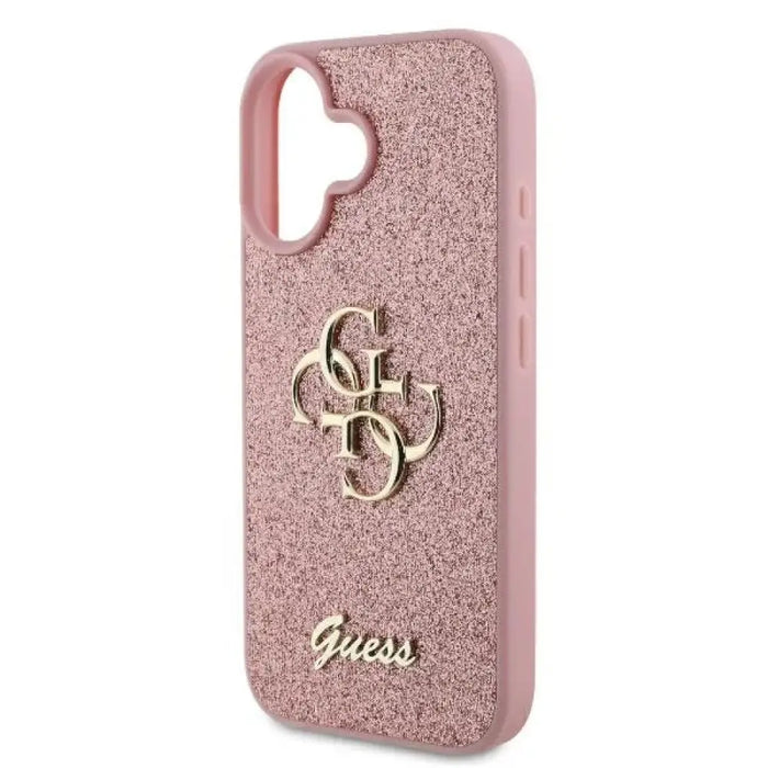 Голям калъф Guess Fixed Glitter 4G за iPhone 16 - розов