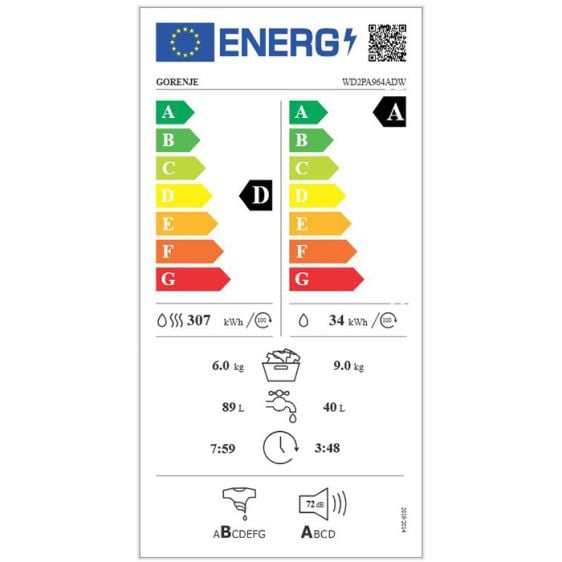 Пералня със сушилня GORENJE WD2PA964ADW, 9/6 кг, 1400 об/мин
