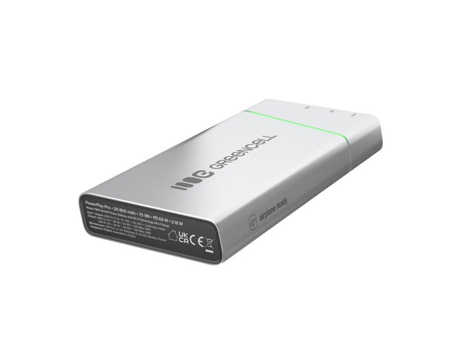 Green Cell PBPLGC20P външна батерия Литиево-йонна (Li-Ion) 20800 mAh Алуминий, Черен, Зелен, Светлосив, Сребрист