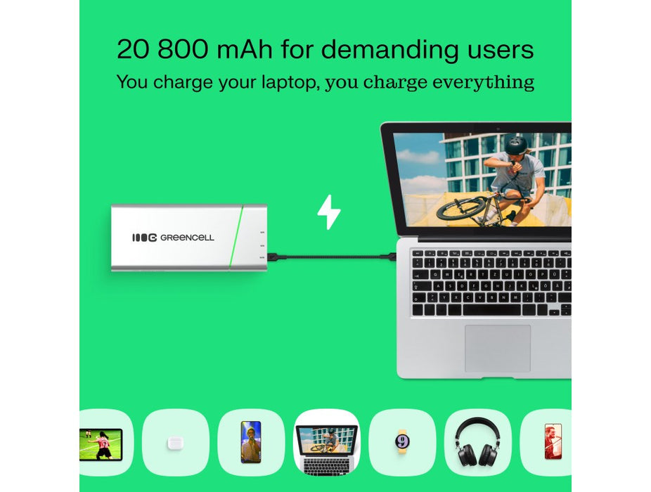 Green Cell PBPLGC20P външна батерия Литиево-йонна (Li-Ion) 20800 mAh Алуминий, Черен, Зелен, Светлосив, Сребрист