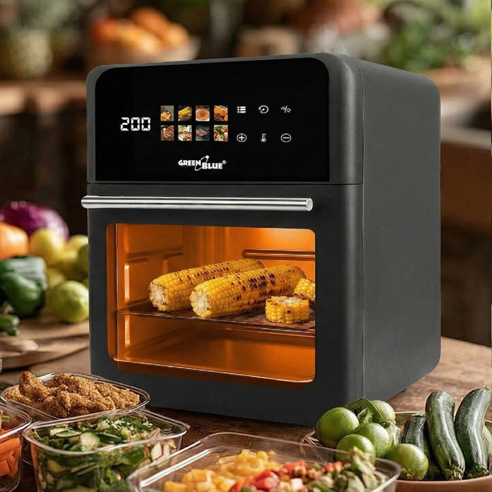 GreenBlue ФРИТЮРНИК С ВЪЗДУХ Безмаслен фритюрник с горещ въздух, 1800 W, капацитет 10 л, 8 програми, аксесоари, таймер, GB950