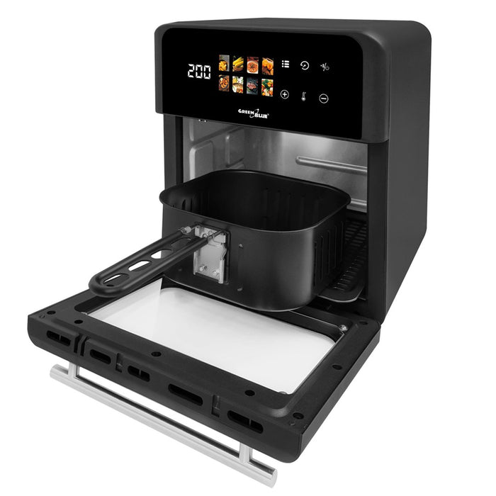 GreenBlue ФРИТЮРНИК С ВЪЗДУХ Безмаслен фритюрник с горещ въздух, 1800 W, капацитет 10 л, 8 програми, аксесоари, таймер, GB950