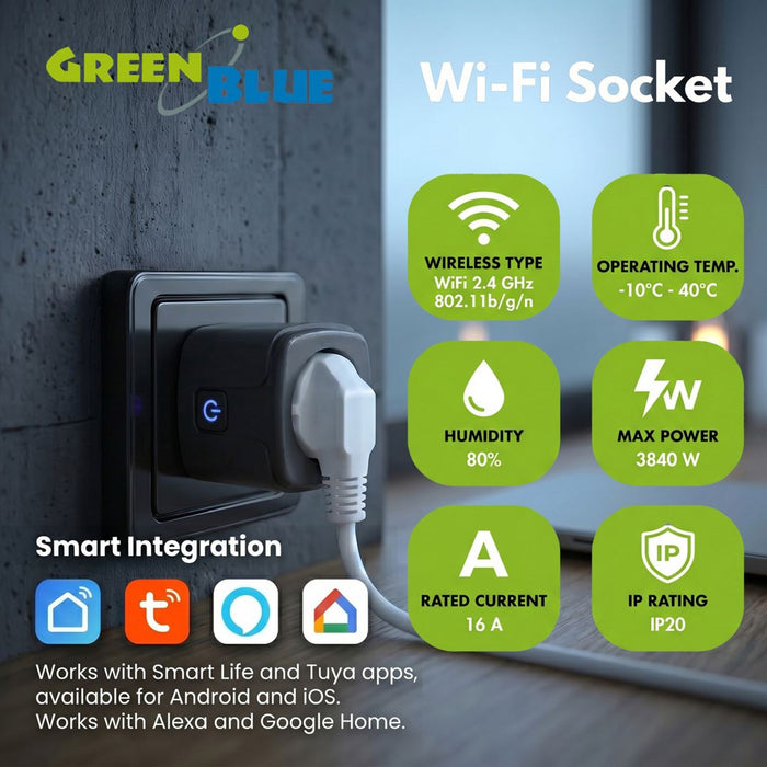 GreenBlue WiFi контакт с дистанционно управление, Android/iOS/Alexa/Google Home, таймер, ватметър, макс. 16A/3840W, GB735 B