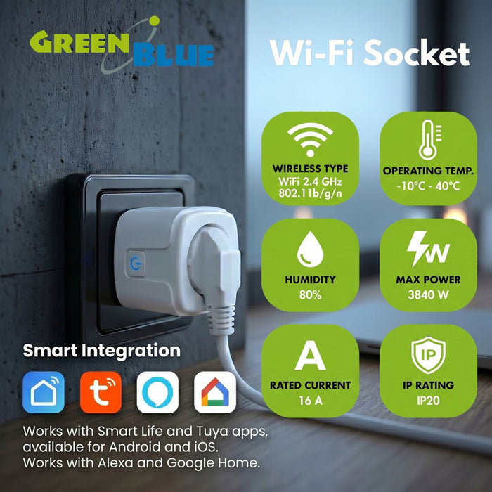GreenBlue WiFi контакт с дистанционно управление, Android/iOS/Alexa/Google Home, таймер, ватметър, макс. 16A/3840W, GB735 W