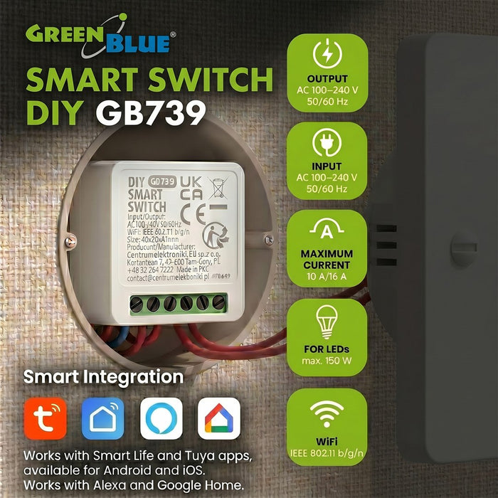GreenBlue WiFi реле за вграден монтаж, Android/iOS/Alexa/Google Home, 100–240 V AC, 50/60 Hz, макс. 16 A, за 150 W LED диоди, GB739