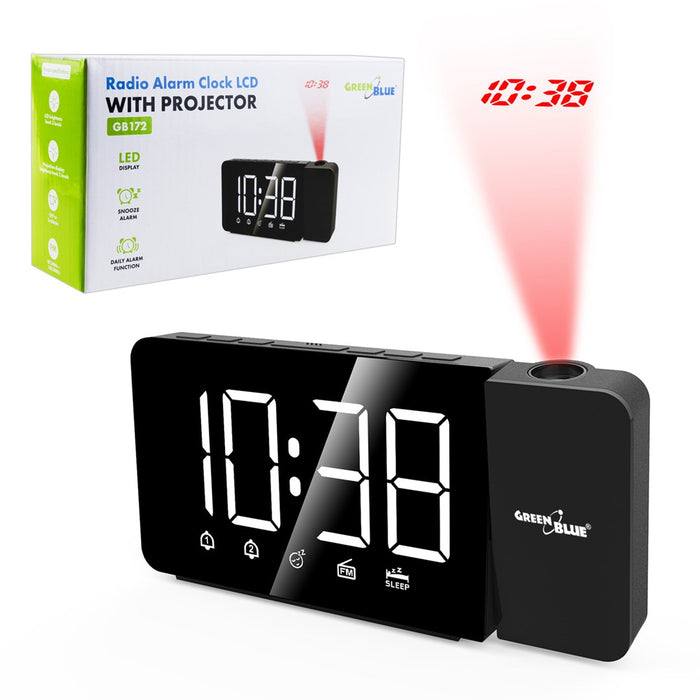 Цифров LED радиочасовник с проектор GreenBlue, FM радио, аларма, 12/24 часовник, 5V DC USB захранване + CR2032, GB172