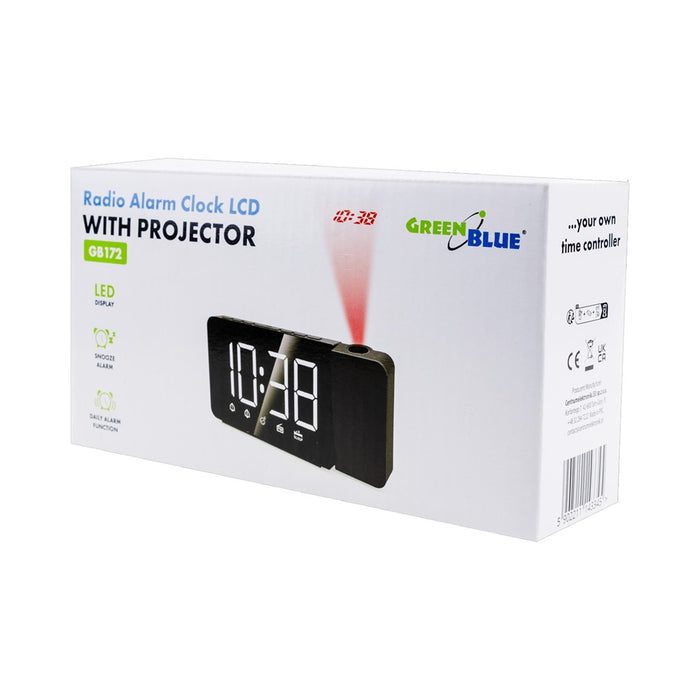 Цифров LED радиочасовник с проектор GreenBlue, FM радио, аларма, 12/24 часовник, 5V DC USB захранване + CR2032, GB172