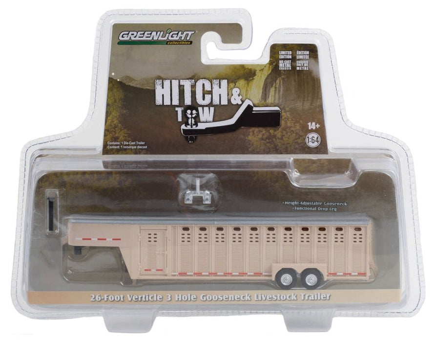 Колекционерски модел Greenlight Съвременни: Ремаркета - 26-Foot Vertical Three Hole Gooseneck Livestock Trailer (Beige)