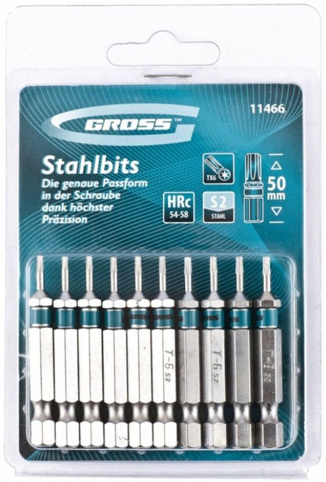 Комплект битове Gross - TORX 6, 50 mm, S2, 10 броя