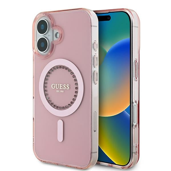 Калъф Guess IML Rhinestones MagSafe за iPhone 16 Plus - розов