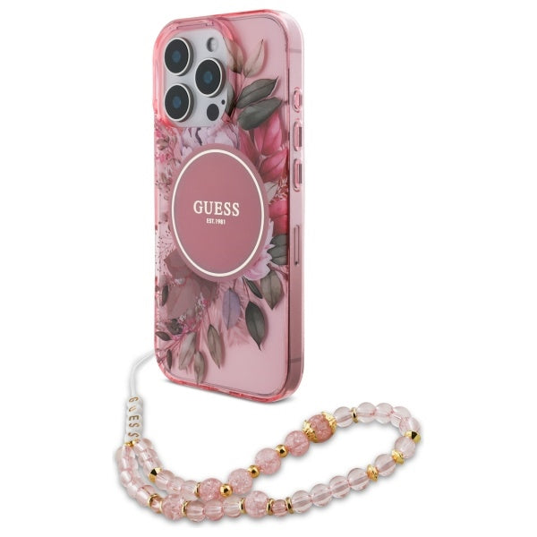 Калъф Guess IML Flowers With Pearl Strap MagSafe iPhone 16 Pro Max Case - розов