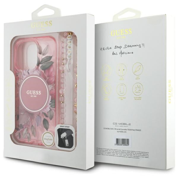 Калъф Guess IML Flowers With Pearl Strap MagSafe iPhone 16 Pro Max Case - розов