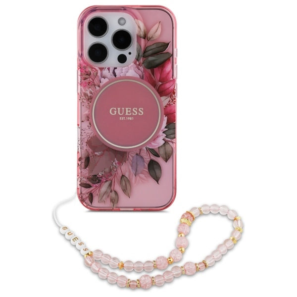 Калъф Guess IML Flowers With Pearl Strap MagSafe iPhone 16 Pro Max Case - розов
