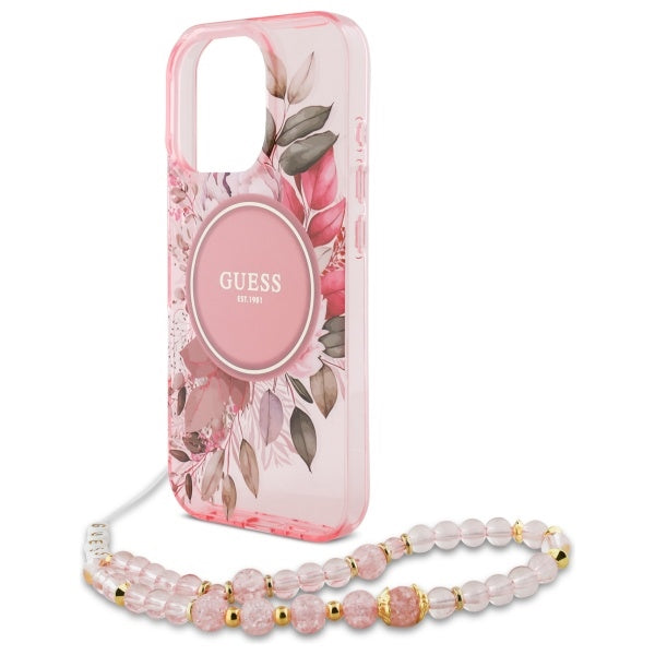 Калъф Guess IML Flowers With Pearl Strap MagSafe iPhone 16 Pro Max Case - розов