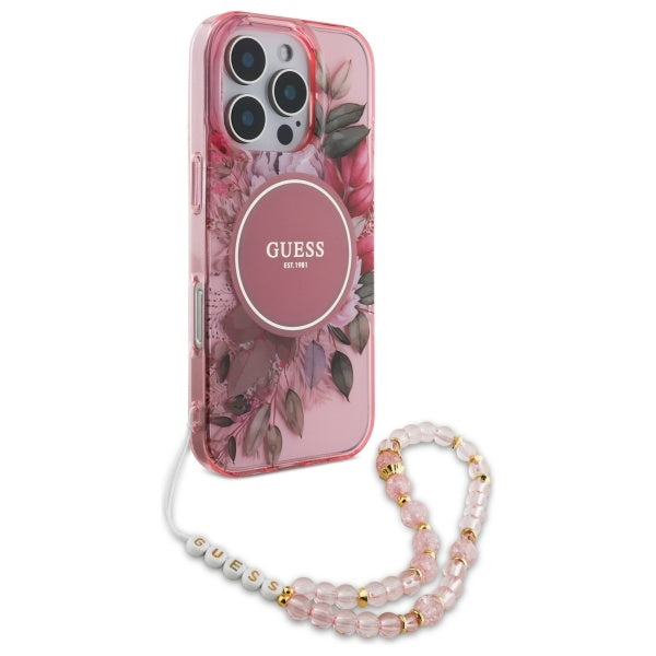 Калъф Guess IML Flowers With Pearl Strap MagSafe iPhone 16 Pro Max Case - розов
