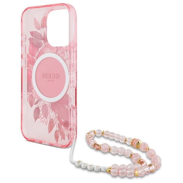 Калъф Guess IML Flowers With Pearl Strap MagSafe iPhone 16 Pro Max Case - розов