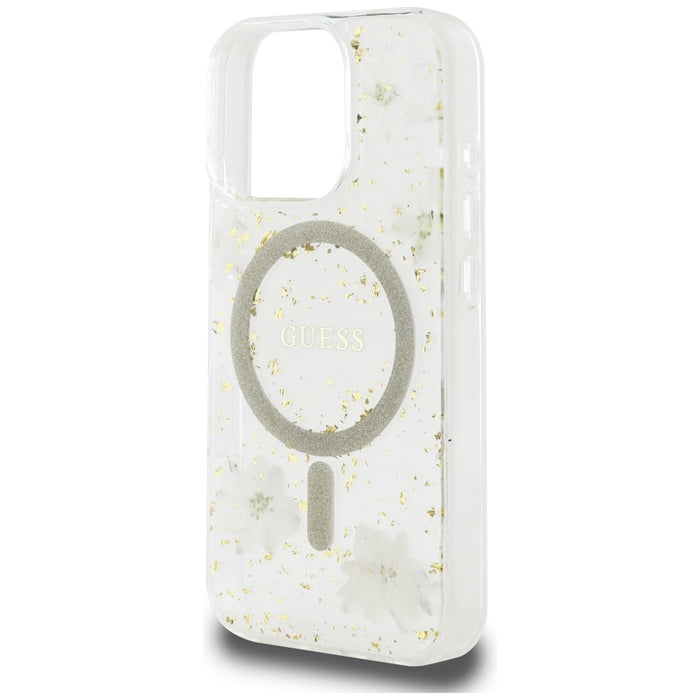 Калъф Guess Resin Flowers Glitter MagSafe за iPhone 16 Pro - бежов