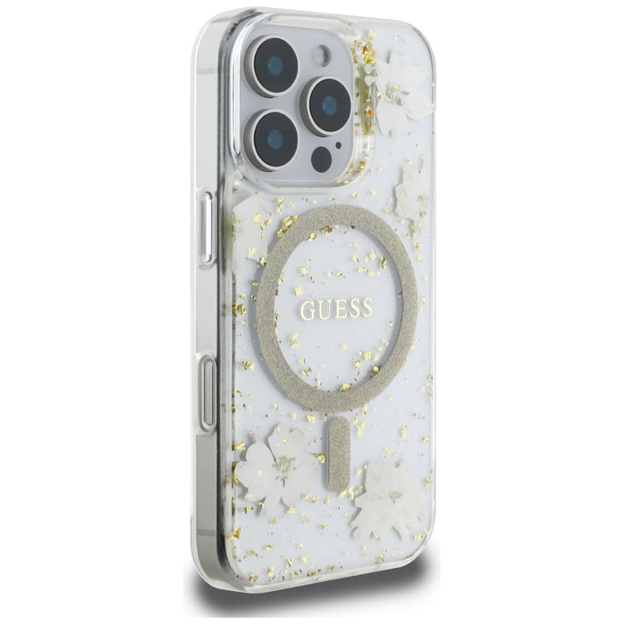 Калъф Guess Resin Flowers Glitter MagSafe за iPhone 16 Pro - бежов