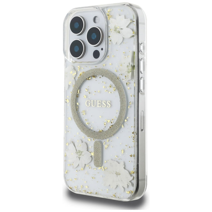 Калъф Guess Resin Flowers Glitter MagSafe за iPhone 16 Pro - бежов