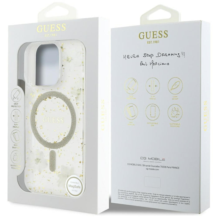 Калъф Guess Resin Flowers Glitter MagSafe за iPhone 16 Pro - бежов