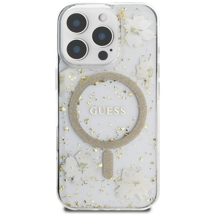Калъф Guess Resin Flowers Glitter MagSafe за iPhone 16 Pro - бежов