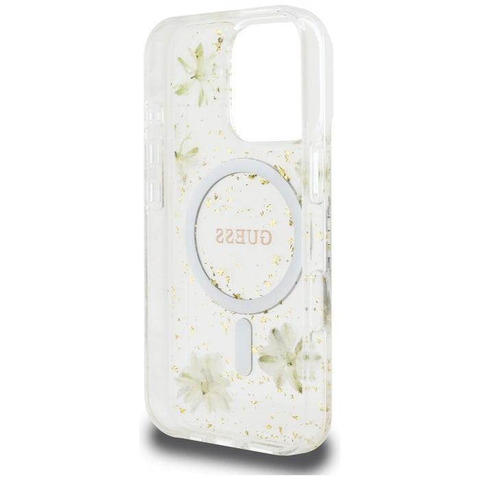 Калъф Guess Resin Flowers Glitter MagSafe за iPhone 16 Pro - бежов
