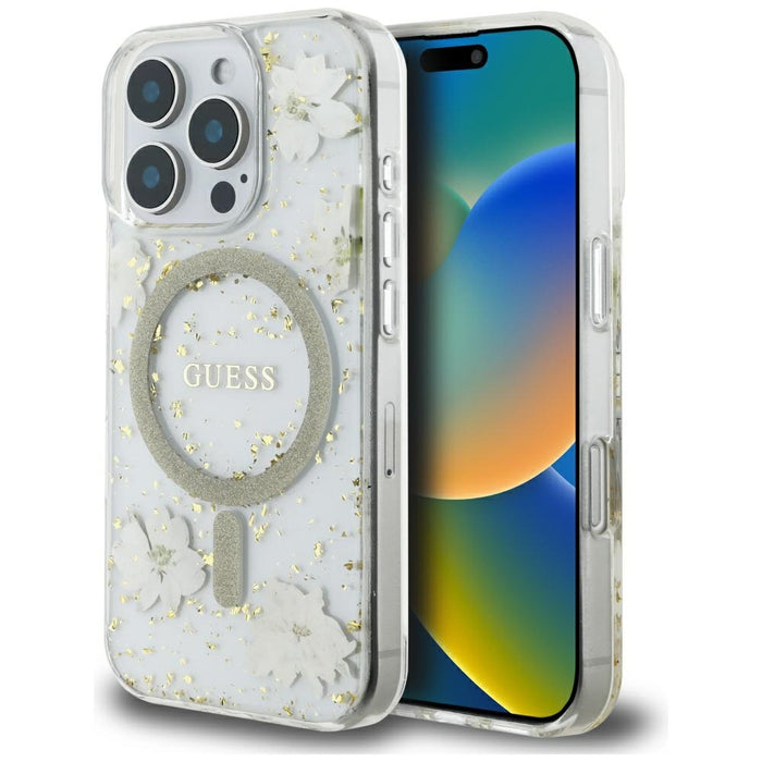 Калъф Guess Resin Flowers Glitter MagSafe за iPhone 16 Pro - бежов