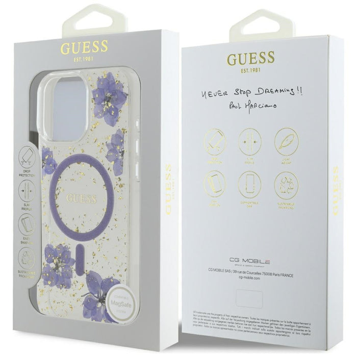 Калъф Guess Resin Flowers MagSafe за iPhone 16 Pro - лилав