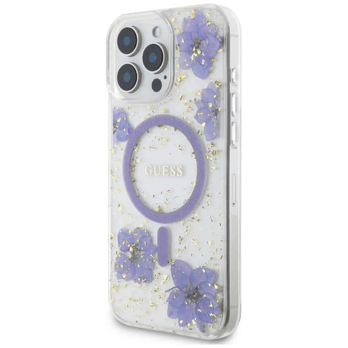 Калъф Guess Resin Flowers MagSafe за iPhone 16 Pro - лилав