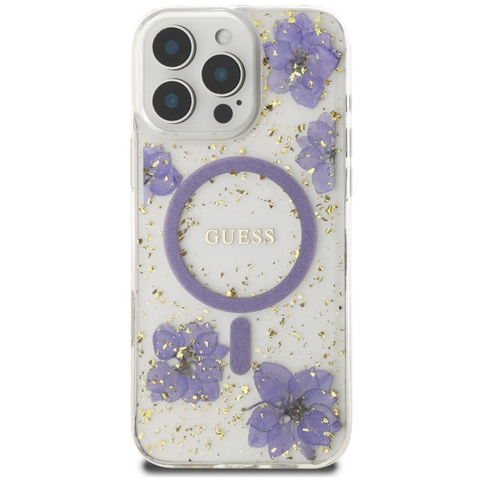 Калъф Guess Resin Flowers MagSafe за iPhone 16 Pro - лилав
