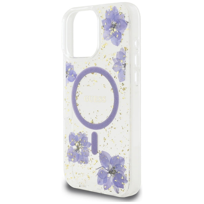 Калъф Guess Resin Flowers MagSafe за iPhone 16 Pro - лилав