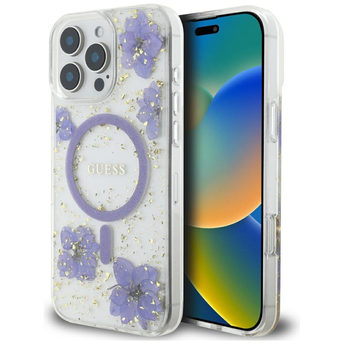 Калъф Guess Resin Flowers MagSafe за iPhone 16 Pro - лилав