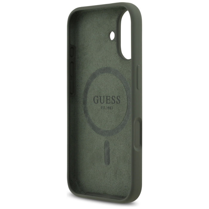 Силиконов калъф Guess с триъгълно лого MagSafe за iPhone 17 - зелен
