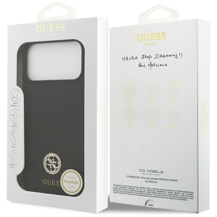 Силиконов калъф Guess Logo Strass 4G MagSafe за iPhone 17 Pro Max - черен
