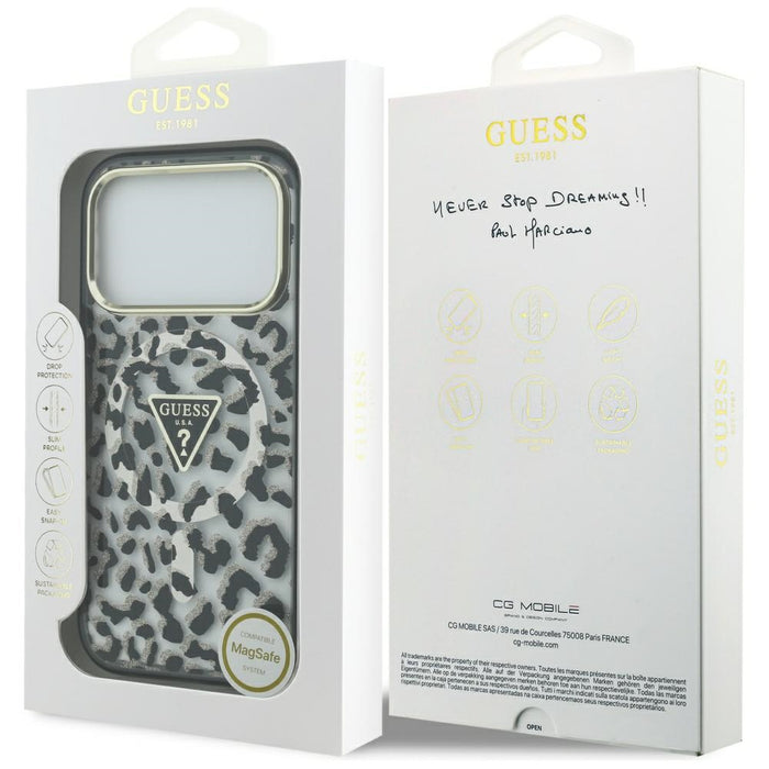 Калъф Guess с леопардово покритие MagSafe за iPhone 17 Pro - черен