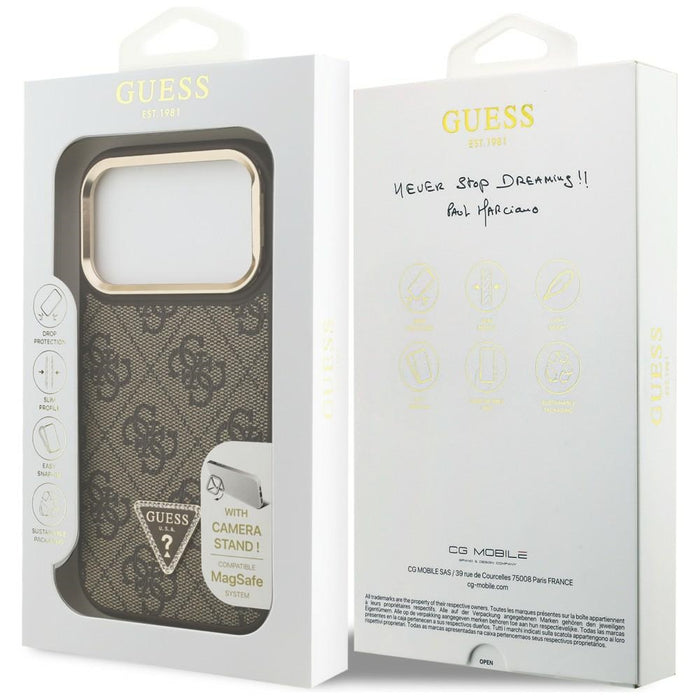 Калъф Guess 4G PU Triangle Logo & Stand Camera MagSafe за iPhone 17 Pro - кафяв
