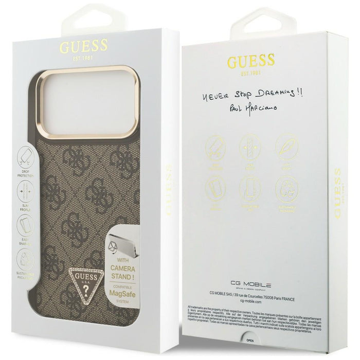 Калъф Guess 4G PU Triangle Logo & Stand Camera MagSafe за iPhone 17 Pro Max - кафяв