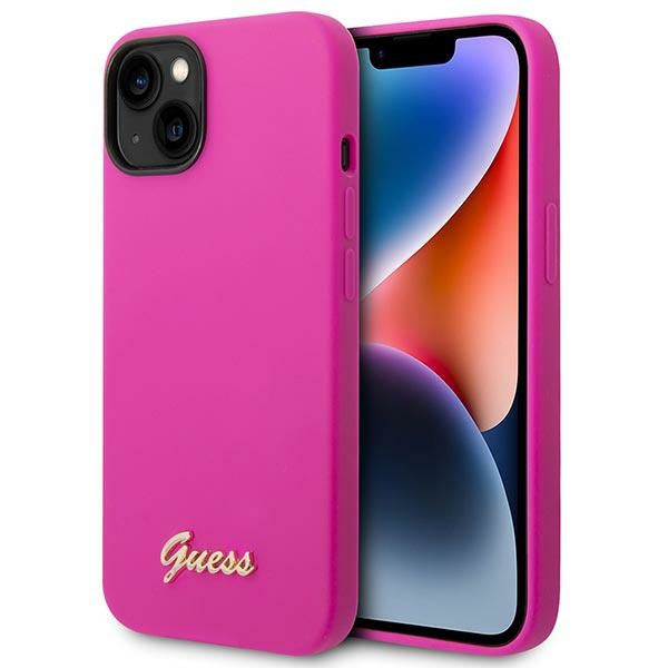 Силиконов калъф Guess Vintage Gold Logo за iPhone 14 / 15 Plus - Фуксия