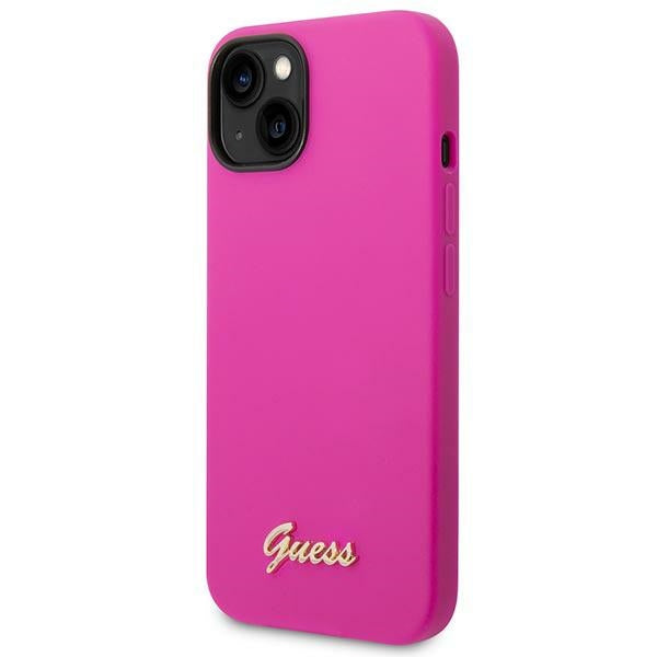 Силиконов калъф Guess Vintage Gold Logo за iPhone 14 / 15 Plus - Фуксия