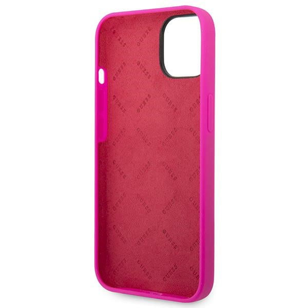 Силиконов калъф Guess Vintage Gold Logo за iPhone 14 / 15 Plus - Фуксия