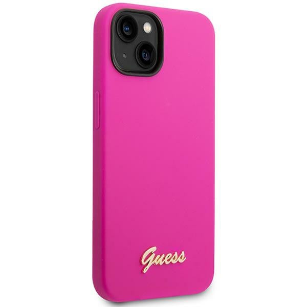 Силиконов калъф Guess Vintage Gold Logo за iPhone 14 / 15 Plus - Фуксия