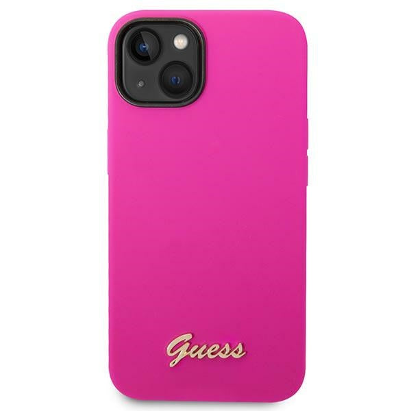Силиконов калъф Guess Vintage Gold Logo за iPhone 14 / 15 Plus - Фуксия
